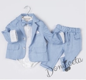 Бебешки елегантен комплект за момче от 4 части - боди-риза в бяло с панталон, сако и папийонка в светлосиньо 