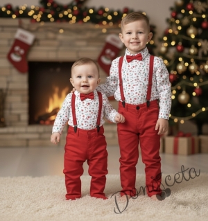 Бебешки коледен комплект от панталон в червено с тиранти и папийонка и боди-риза в бяло с коледни орнаменти