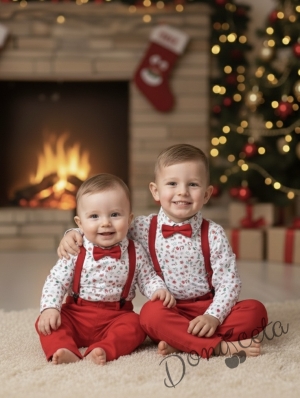 Бебешки коледен комплект от панталон в червено с тиранти и папийонка и боди-риза в бяло с коледни орнаменти