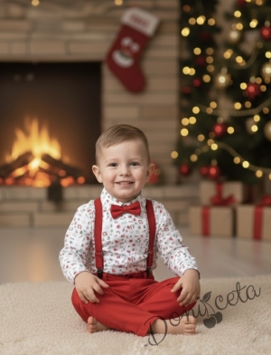 Детски комплект за момче от панталон в червено с тиранти и папийонка и риза в бяло с коледни орнаменти