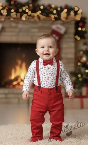 Детски комплект за момче от панталон в червено с тиранти и папийонка и риза в бяло с коледни орнаменти