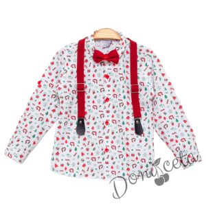 Бебешки/Детски комплект от панталон в червено с тиранти и папийонка и риза в бяло с коледни орнаменти 2