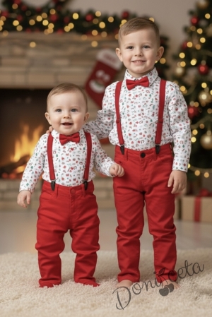 Детски комплект за момче от панталон в червено с тиранти и папийонка и риза в бяло с коледни орнаменти