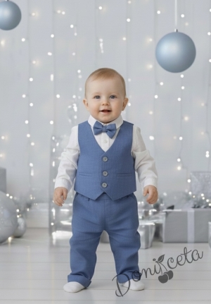 Бебешки официален комплект за момче от 4 части - риза в бяло, панталон, елек и папийонка в синьо