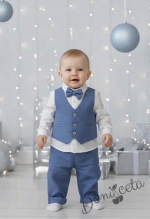 Бебешки официален комплект за момче от 4 части - риза в бяло, панталон, елек и папийонка в синьо