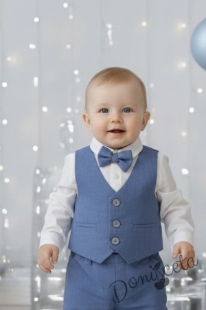 Бебешки официален комплект за момче от 4 части - риза в бяло, панталон, елек и папийонка в синьо