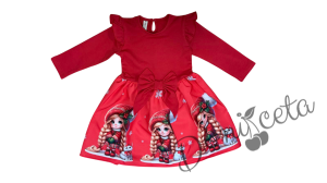 Детска коледна рокля в червено с къдрички, панделка и коледни мотиви