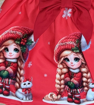 Детска коледна рокля в червено с къдрички, панделка и коледни мотиви