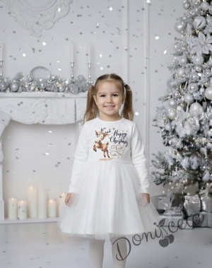 Детска/бебешка коледна рокля с дълъг ръкав в бяло с коледна картинка на еленче с тюл в бяло
