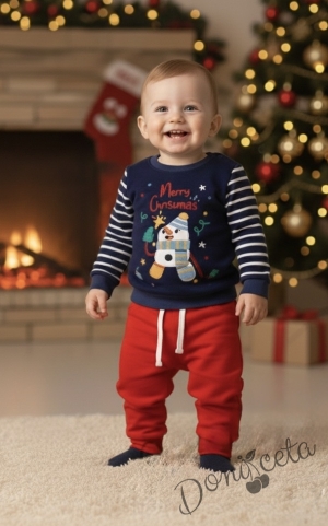 Коледен бебешки ватиран комплект в тъмносиньо и червено със снежен човек