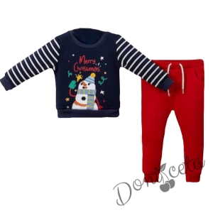 Коледен бебешки ватиран комплект в тъмносиньо и червено със снежен човек