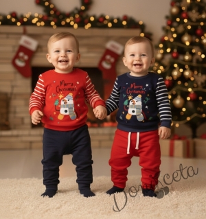 Коледен бебешки ватиран комплект в тъмносиньо и червено със снежен човек