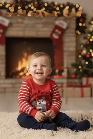 Коледен бебешки ватиран комплект в червено и тъмносиньо със снежен човек