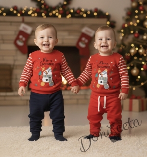 Коледен бебешки ватиран комплект в червено и тъмносиньо със снежен човек