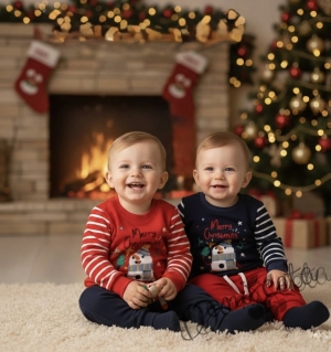 Коледен бебешки ватиран комплект в червено и тъмносиньо със снежен човек