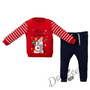 Коледен бебешки ватиран комплект в червено и тъмносиньо със снежен човек