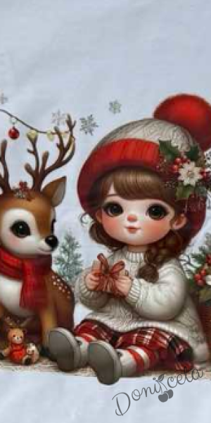 Коледна детска пижама Донър с горнище в бяло с коледни мотиви и долнище в червено каре Карена