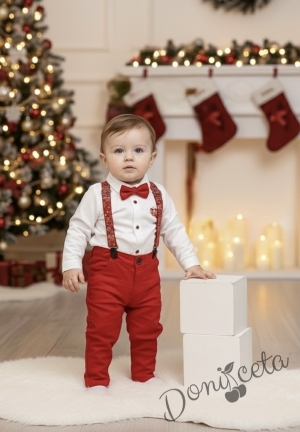 Бебешки комплект от панталон в червено, боди-ризка в бяло, тиранти и папийонка от колекция Червеника