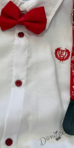 Бебешки комплект от панталон в червено, боди-ризка в бяло, тиранти и папийонка от колекция Червеника