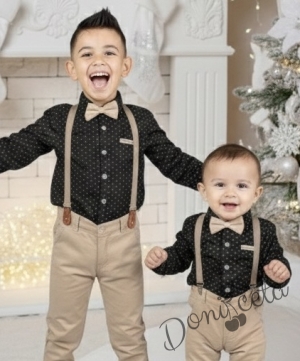 Комплект за момче от 4 части - риза в черно на бежови точки и имитация на джоб, панталони, тиранти и папийонка в бежово