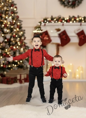 Елегантен комплект от риза в червено, панталон в тъмно синьо и тиранти