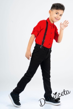 Комплект от риза в червено, панталлон в черно и тиранти в черно 1