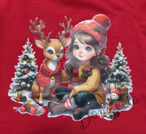 Ватирана коледна рокля с коледна картинка на Мини и Мики Маус за момиче в червено 