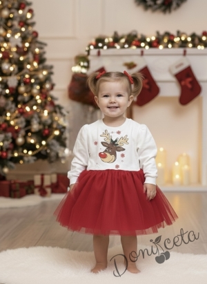 Детска ватирана рокля тип блузка и пола в екрю с картинка на еленче и червен тюл