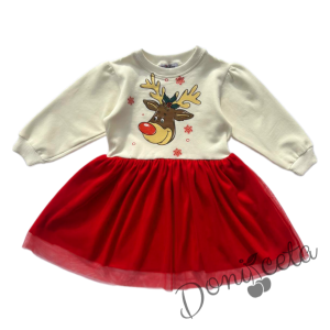 Детска ватирана рокля в екрю с картинка на еленче и червен тюл 1