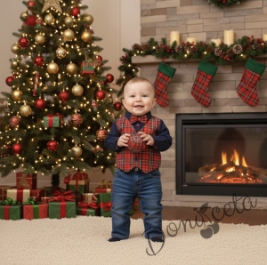  Комплект Карена от детска бебешка риза с дълъг ръкав  в тъмносиньо за момче с елек в каре и папийонка