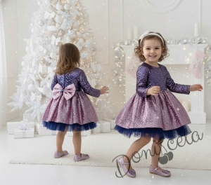 Официална празнична детска рокля с дълъг ръкав с пайети цвят в пепел от рози с тюл отдолу  Пенелопи