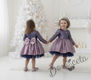 Официална празнична детска рокля с дълъг ръкав с пайети цвят в пепел от рози с тюл отдолу  Пенелопи