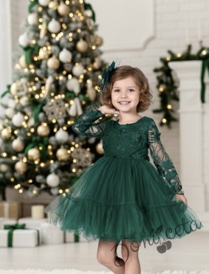 Детска официална рокля с дълъг ръкав Амира с дантела  и тюл и фиба за коса в зелено