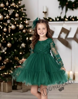 Детска официална рокля с дълъг ръкав Амира с дантела  и тюл и фиба за коса в зелено