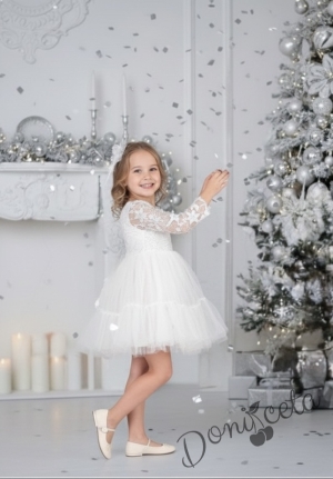 Детска празнична рокля с  дантела и тюл в бяло и панделка за коса Амира