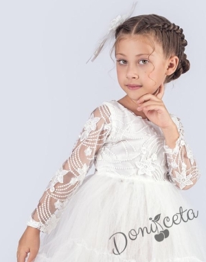 Детска празнична рокля с  дантела и тюл в бяло и панделка за коса Амира