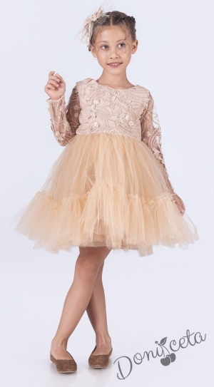 Официална детскарокля с дълъг ръкав Амира с дантела и тюл и фиба за коса в бежово от колекция Бежина