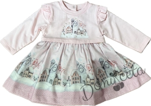 Детска рокля с дълъг ръкав в розово с картинка на замъци и къдрички на ръкавите