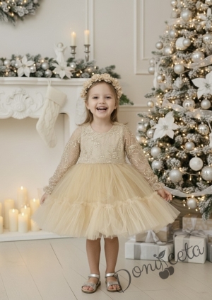Официална детска рокля с дълъг ръкав Тера с дантела и тюл и фиба за коса в златисто 