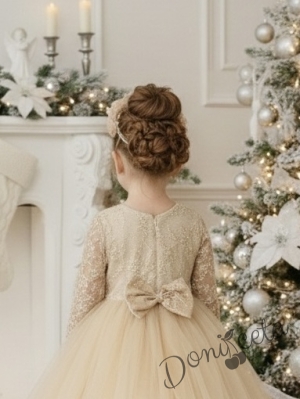 Официална детска рокля с дълъг ръкав Тера с дантела и тюл и фиба за коса в златисто 