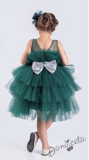 Детска официална  рокля без ръкав Фрея с богат тюл в тъмно зелено и панделка за коса 55784519