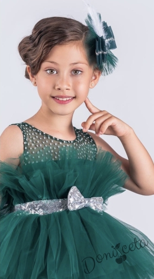 Детска официална  рокля без ръкав Фрея с богат тюл в тъмно зелено и панделка за коса 55784519
