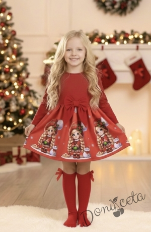 Бебешка/детска коледна рокля в червено с къдрички, панделка и коледни мотиви