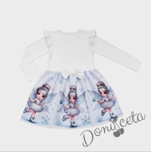 Бебешка/детска коледна рокля в бяло с къдрички, панделка и коледни мотиви