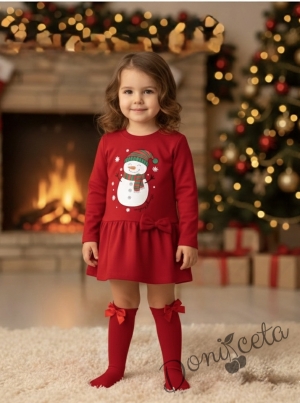 Ватирана коледна детска рокля в червено със снежен човек