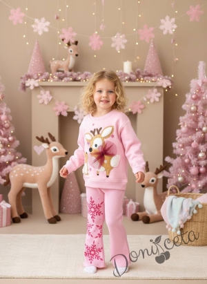 Детски коледен комплект за момиче от ватирана блуза с еленче и панталонки в розово
