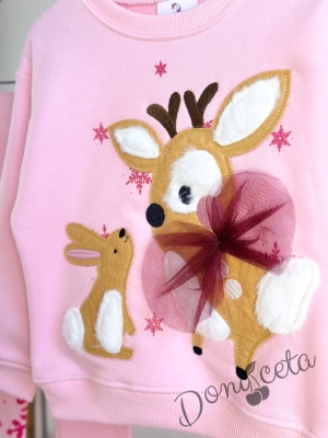 Детски коледен комплект за момиче от ватирана блуза с еленче и панталонки в розово