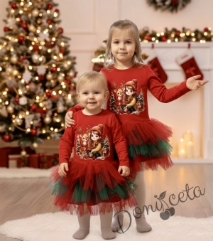 Ватирана коледна рокля в червено с коледна картинка с момиченце и сърничка и тюл в червено и зелено