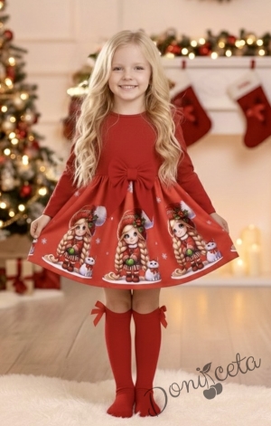 Детска коледна рокля в червено с къдрички, панделка и коледни мотиви