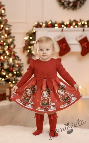 Детска коледна рокля в червено с къдрички, панделка и коледни мотиви